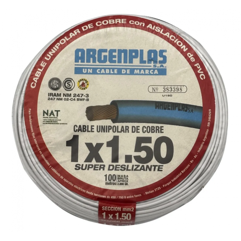 CABLE 1X1.5 MM ARGENPLAS X 100MTS BLANCO
