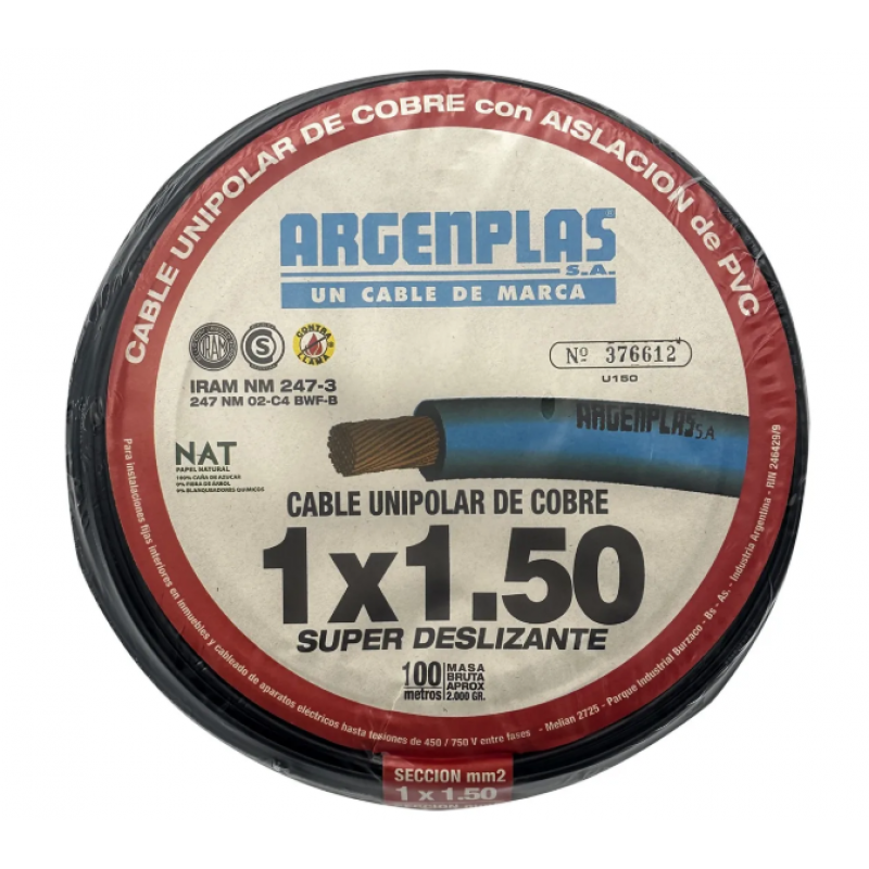 CABLE 1X1.5 MM ARGENPLAS X 100MTS NEGRO