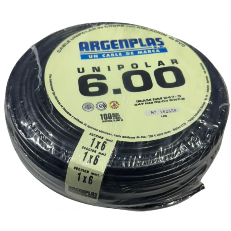 CABLE 1X6 MM ARGENPLAS X 100MTS NEGRO