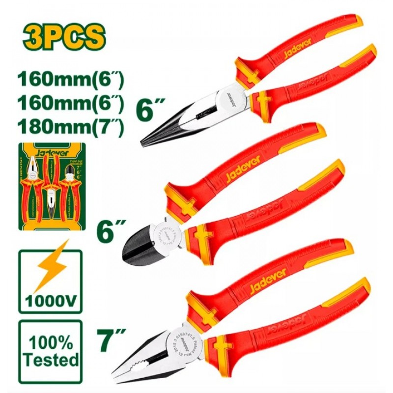 KIT PINZAS AISLADAS 3 PIEZAS: PINZA UNIVERSAL 7, PINZA DE PUNTA LARGA 6, ALICATES DE CORTE DIAGONAL 6, MÁX TENSIÓN 1000V