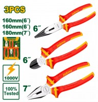 KIT PINZAS AISLADAS 3 PIEZAS: PINZA UNIVERSAL 7, PINZA DE PUNTA LARGA 6, ALICATES DE CORTE DIAGONAL 6, MÁX TENSIÓN 1000V