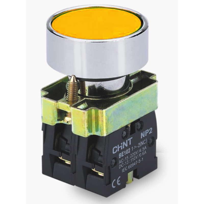 PULSADOR DE CUERPO METALICO DE 22 MM AMARILLO CON CONTACTO NA