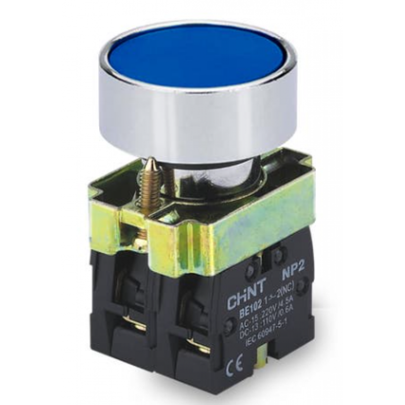 PULSADOR DE CUERPO METALICO DE 22 MM AZUL CON CONTACTO NA