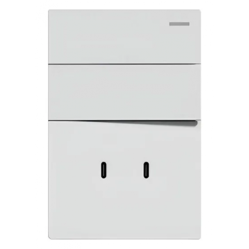 TECLA Y DOBLE USB-C MILAN BLANCO MACROLED, 2 CANALES, AC 250V, 10A MAX. BASTIDOR METALICO