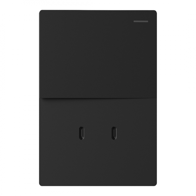 TECLA Y USB-C MILAN NEGRO MACROLED, 1 CANAL, 2 VIAS, AC 250V, 10A MAX. 2 USB-C DE 30W, BASTIDOR METALICO