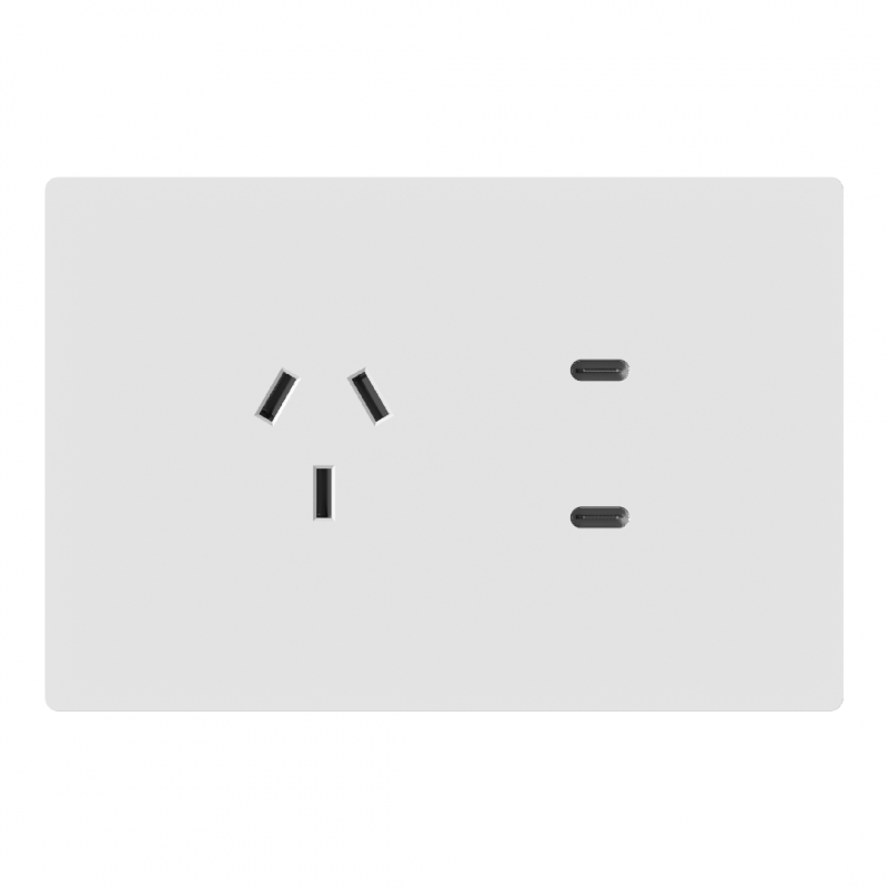 TOMACORRIENTE Y USB-C MILAN BLANCO MACROLED, AC 250V, 10A MAX. 2 USB-C DE 20W, BASTIDOR METALICO