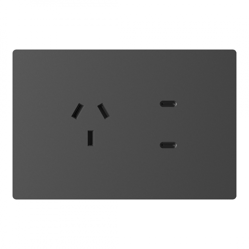 TOMACORRIENTE Y USB-C MILAN GRIS MACROLED, AC 250V, 10A MAX. 2 USB-C DE 20W, BASTIDOR METALICO