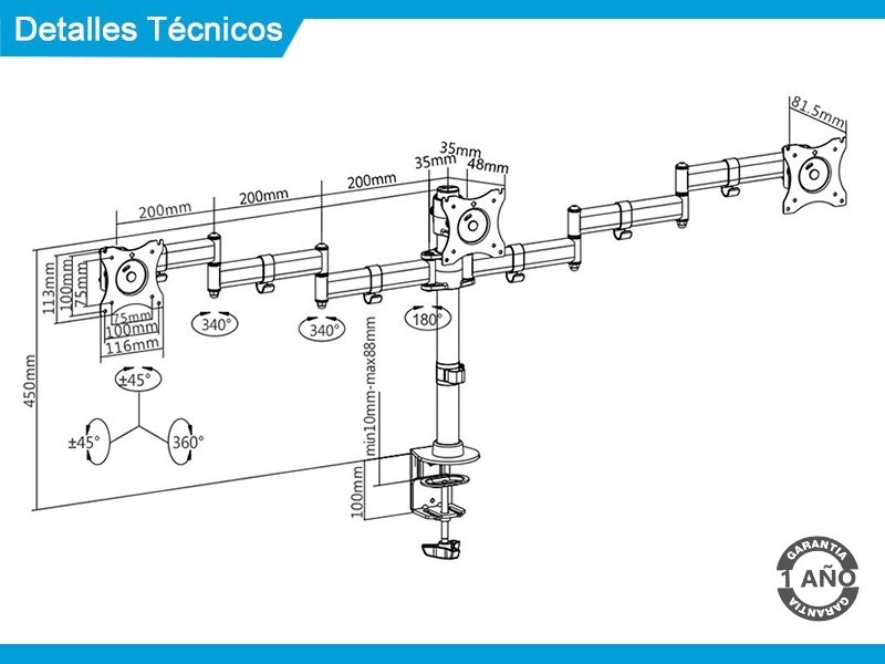 Soporte Intelaid De Escritorio Triple 13/27 Vesa 100x100 It-db3e