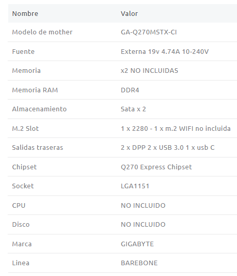 Mini Pc Gigabyte Barebone Q270m Stx